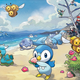 Two humans observe a gamut of Pokémon playing at a beach.